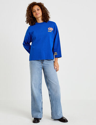 Sweat oversize col rond manches longues bleu electrique femme