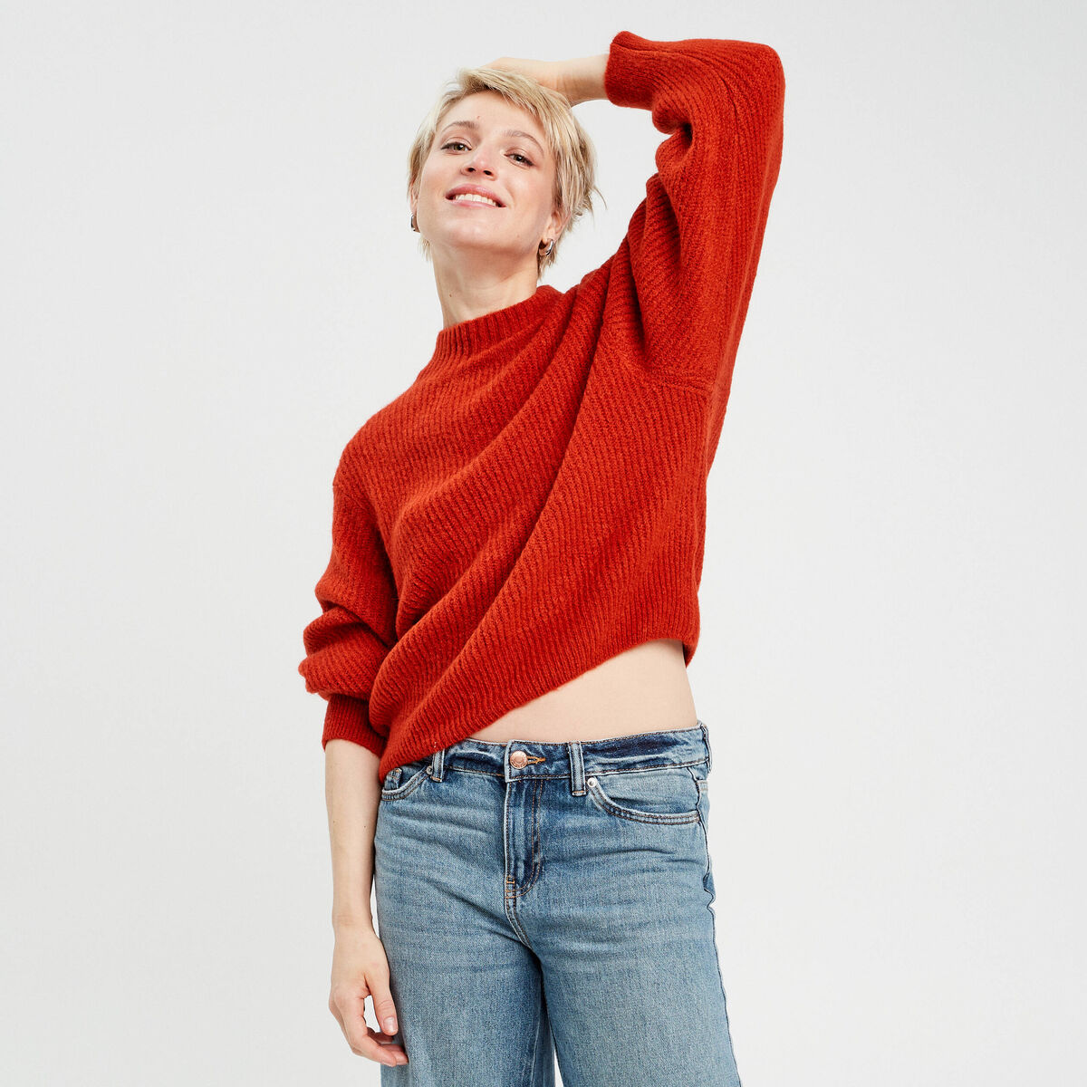 Pull col montant marron cognac femme