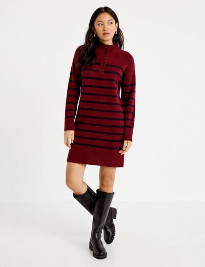 Robe pull droite manches longues 3/4 rouge fonc&eacute; femme