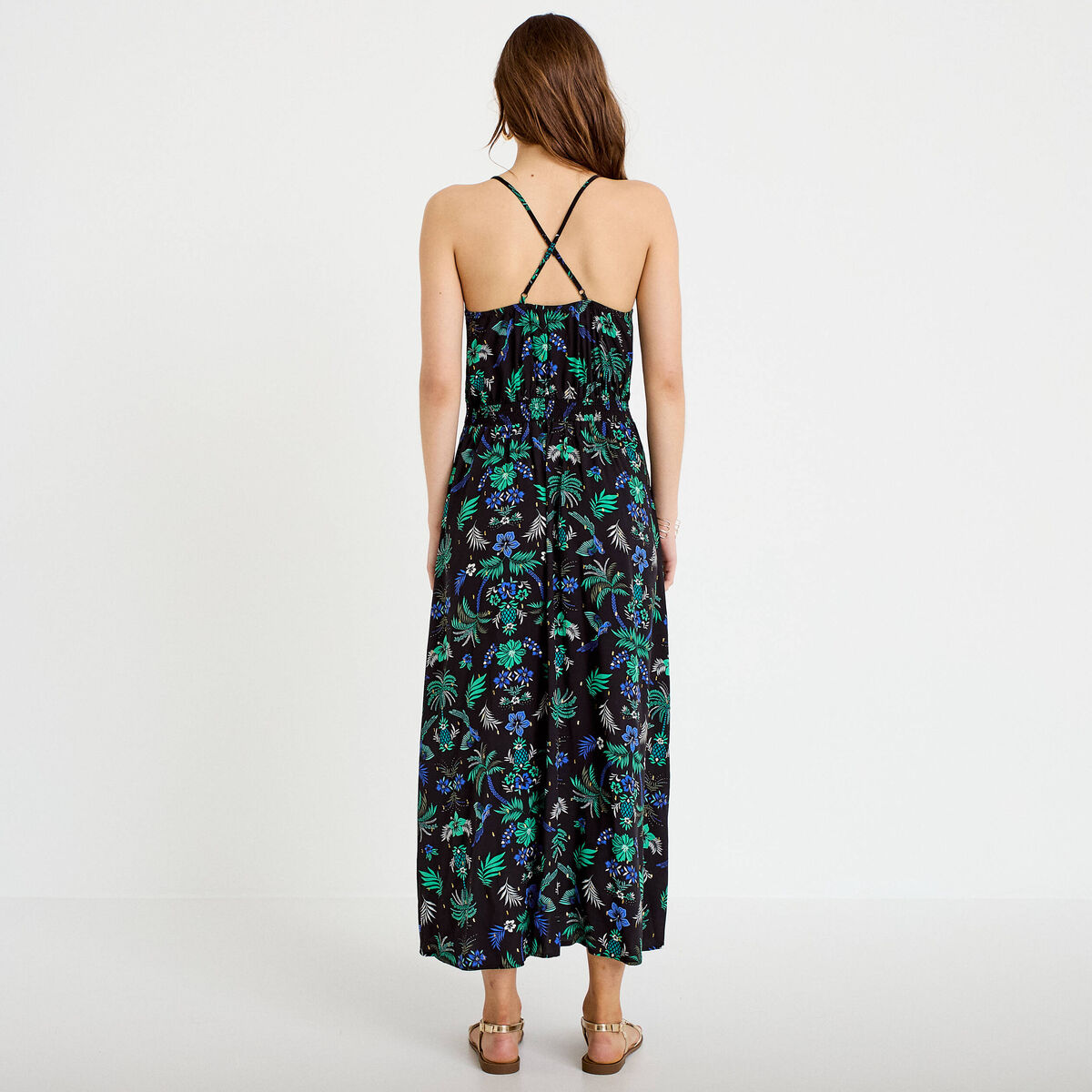 Robe &eacute;vas&eacute;e 3/4 col v bretelles fines noir femme