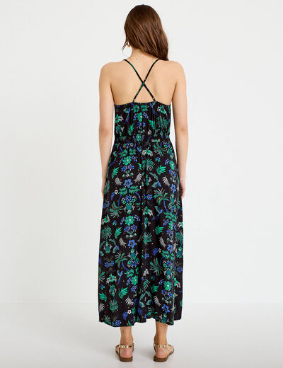 Robe &eacute;vas&eacute;e 3/4 col v bretelles fines noir femme