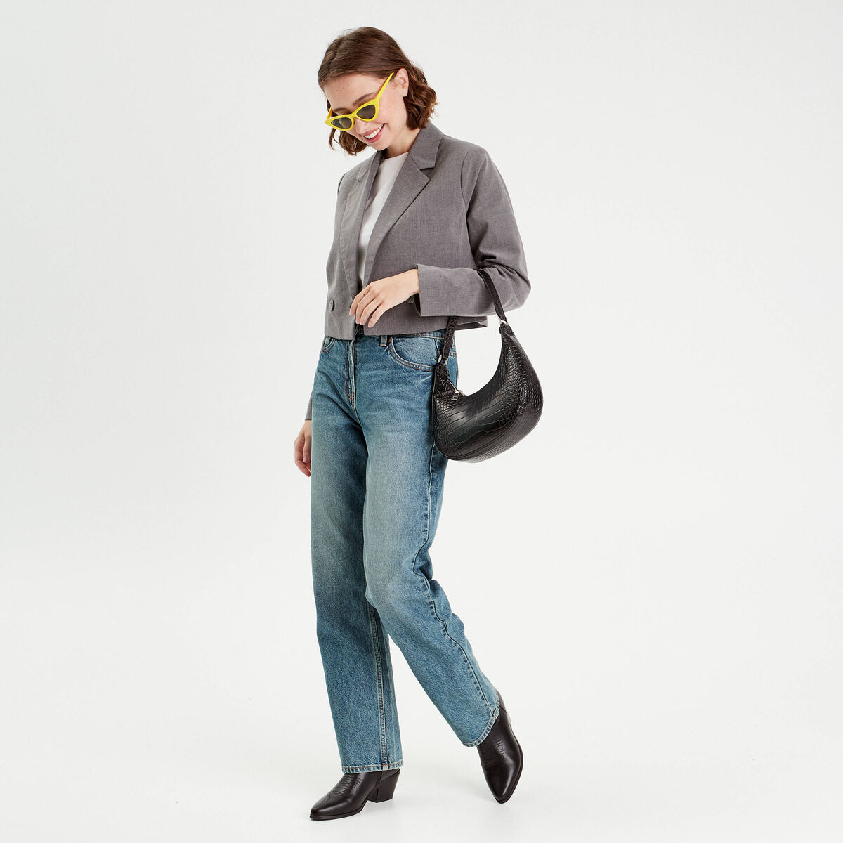Veste blazer droite courte gris foncé femme