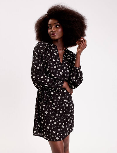 Robe droite courte col v manches longues noir femme