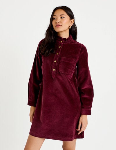 Robe droite velours col montant bordeaux femme