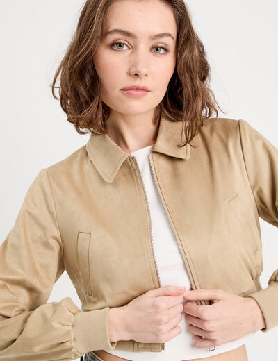 Veste courte zippée suédine beige femme