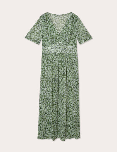 Robe longue évasée col en V vert femme