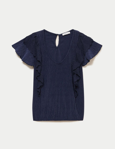 Blouse col v manches courtes dentelle bleu marine femme