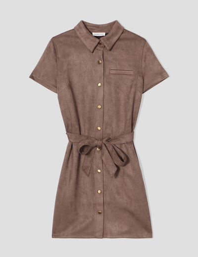 Robe droite ceinturée suédine taupe femme