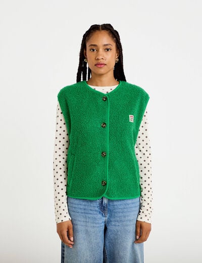 Gilet sans manches fausse fourrure vert fonc&eacute; femme