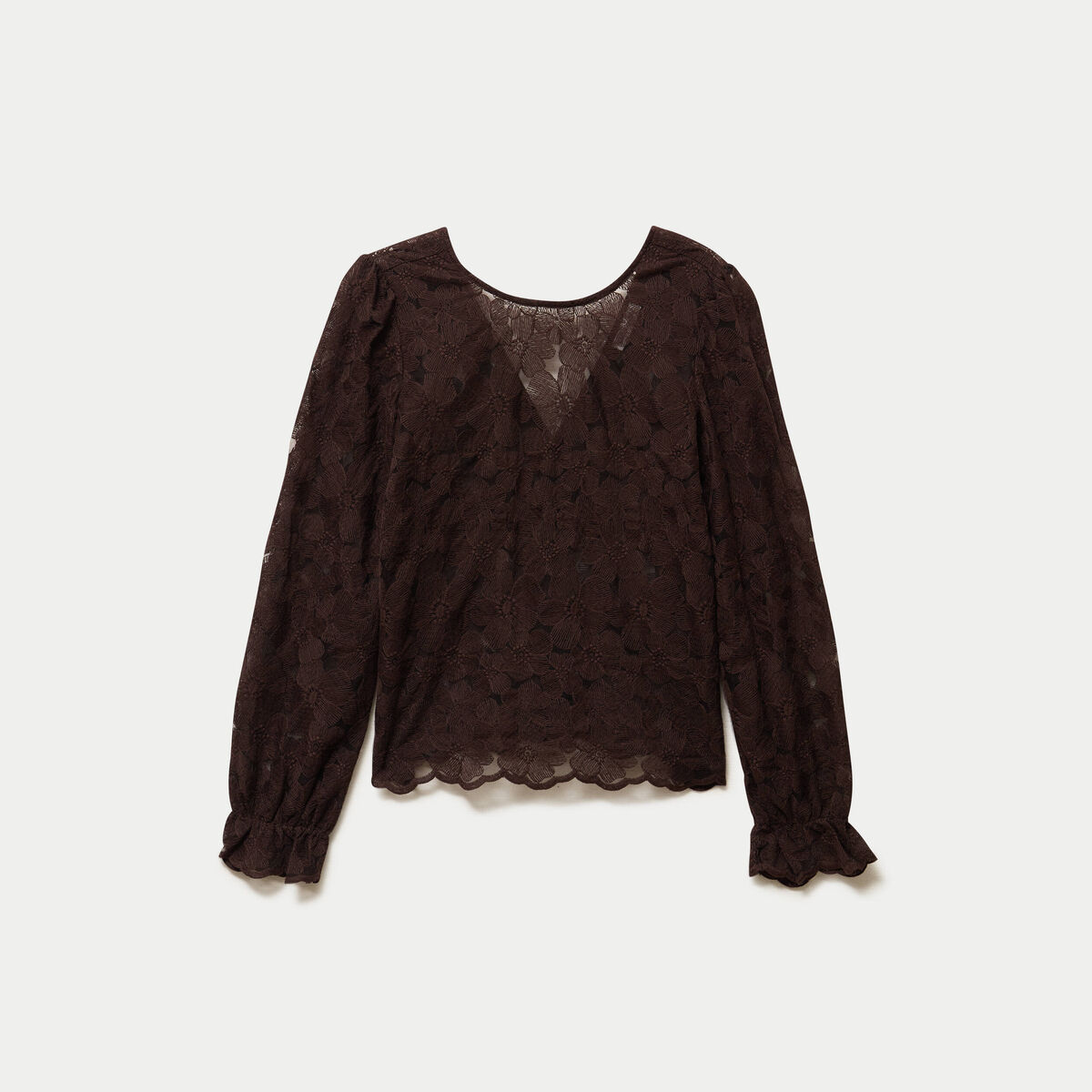 Blouse en dentelle d&eacute;collet&eacute; dos marron fonc&eacute; femme