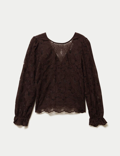 Blouse en dentelle d&eacute;collet&eacute; dos marron fonc&eacute; femme