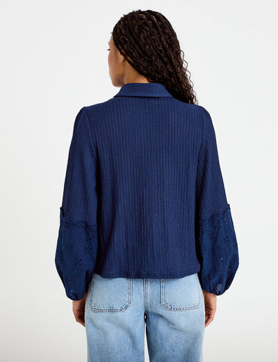Blouse manches longues broderie bleu fonc&eacute; femme