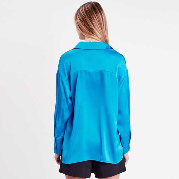 Chemise manches longues satin bleu femme