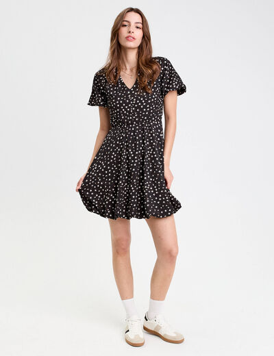 Robe courte évasée col v manches courtes noir femme