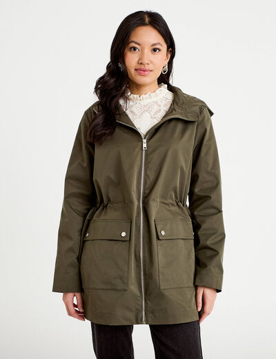 Parka &agrave; capuche taille ajustable vert kaki femme