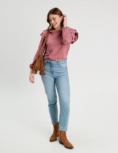 Blouse brodée avec volants vieux rose femme