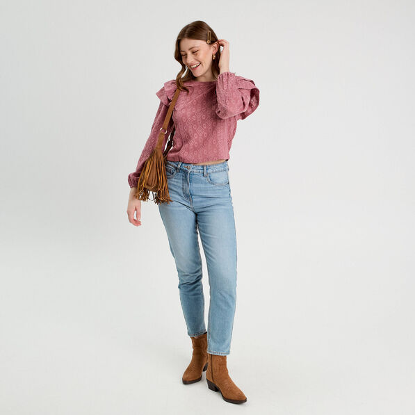 Blouse brodée avec volants vieux rose femme