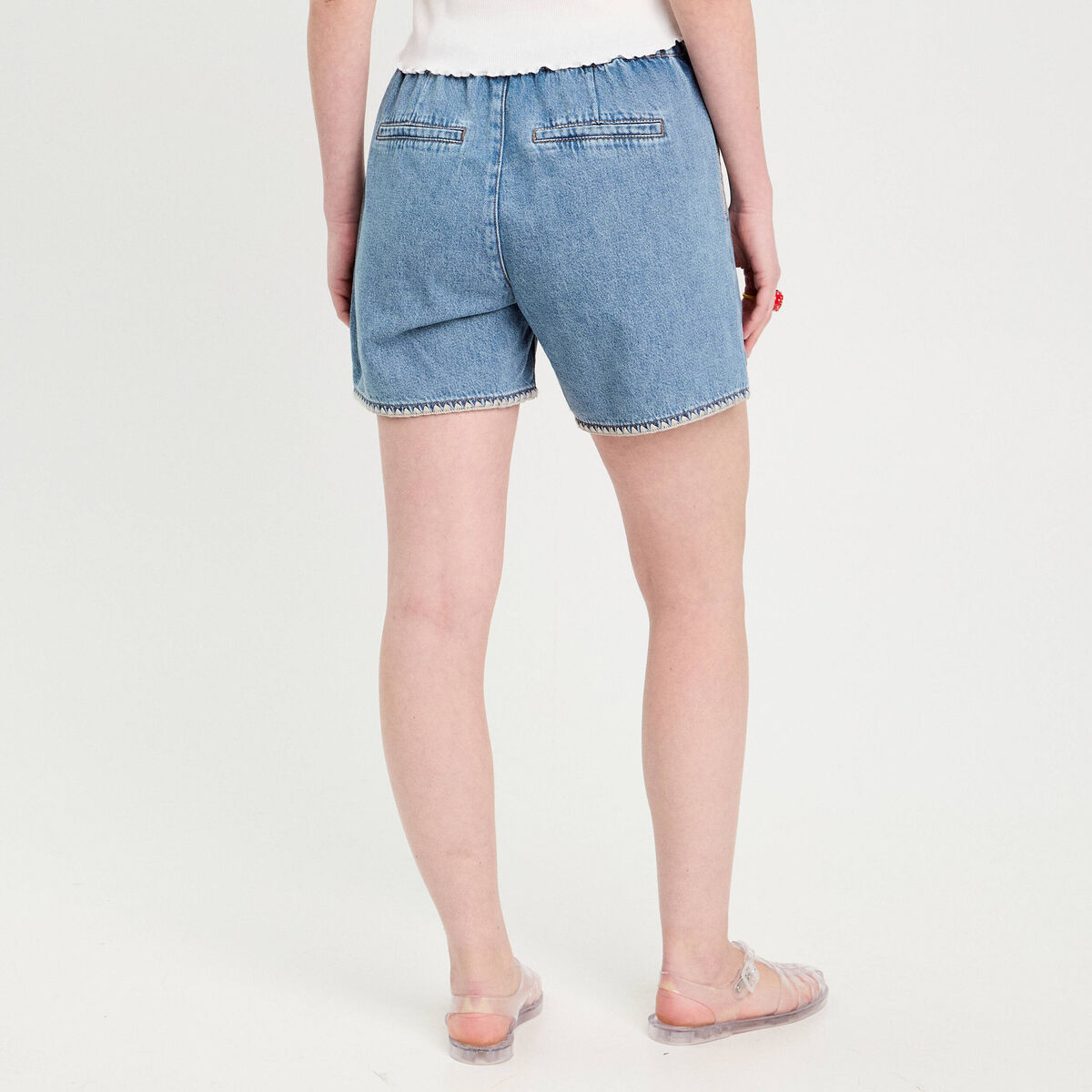 Short flare brodé en jean denim double stone femme