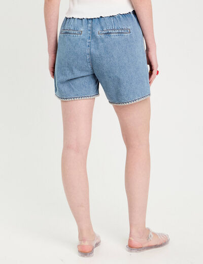 Short flare brodé en jean denim double stone femme