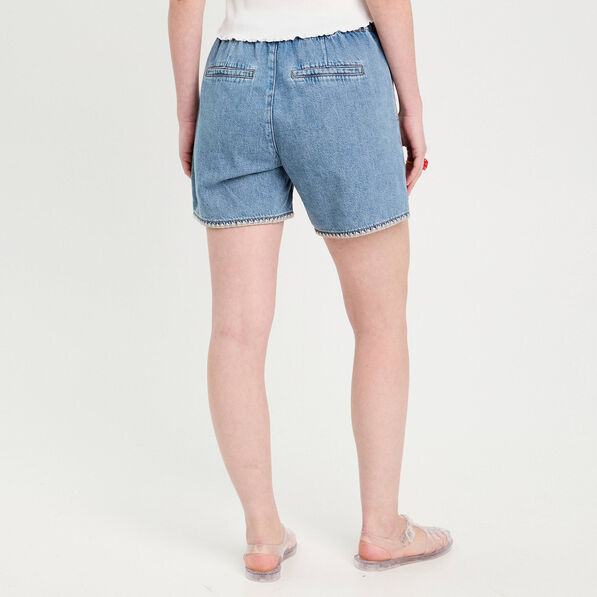 Short flare brodé en jean denim double stone femme