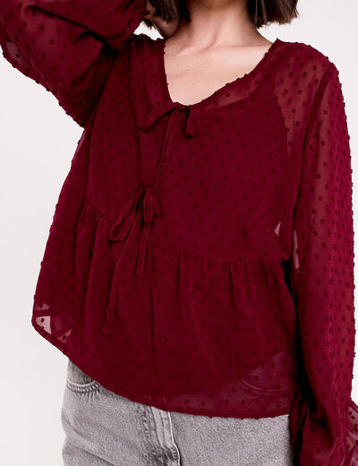 Blouse courte droite col v rouge fonc&eacute; femme
