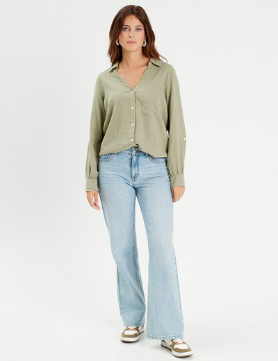 Chemise manches longues contenant du lin vert kaki femme