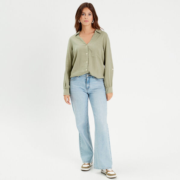 Chemise manches longues contenant du lin vert kaki femme