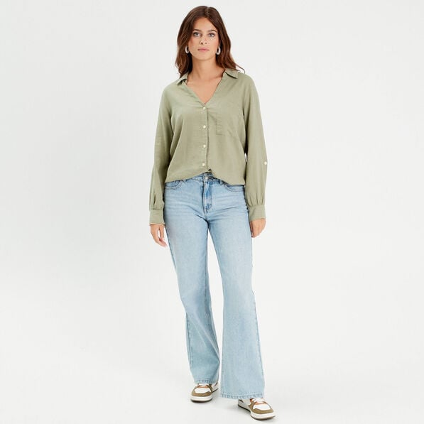 chemise manches longues contenant du lin vert kaki femme Chemise manches longues contenant du lin vert kaki femme