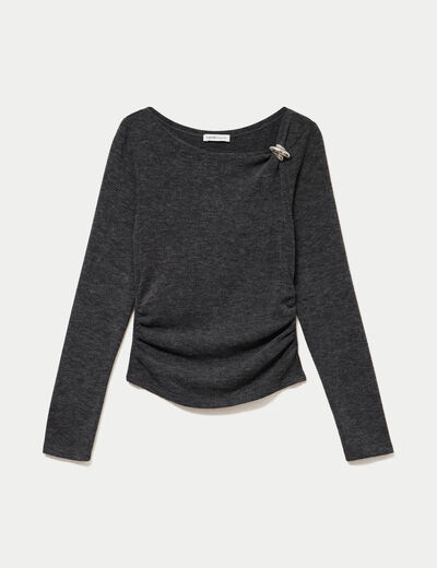 Top cintr&eacute; col bateau manches longues gris fonc&eacute; femme