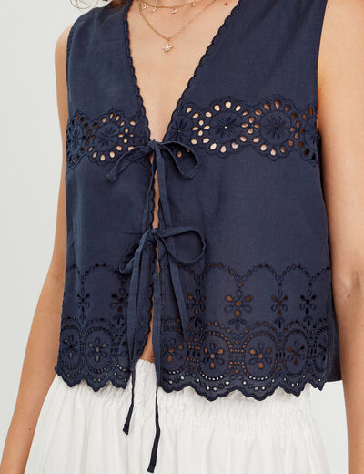 Blouse sans manches brodée bleu marine femme