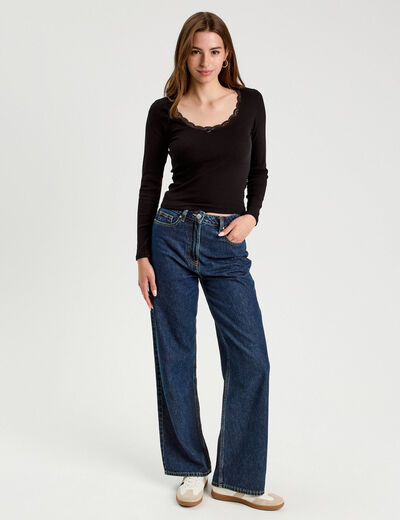 T-shirt manches longues côtelé noir femme