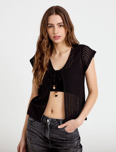 Gilet manches courtes aspect dentelle noir femme