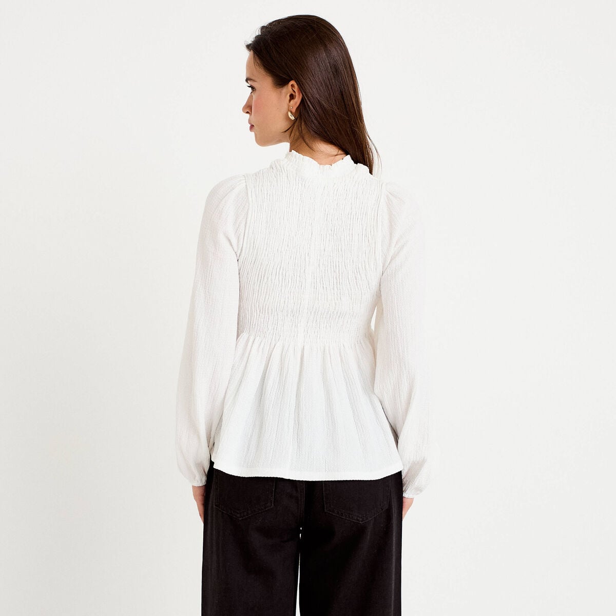 Blouse p&eacute;plum manches longues pliss&eacute;e ecru femme