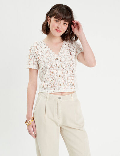 Gilet macramé boutonné ecru femme