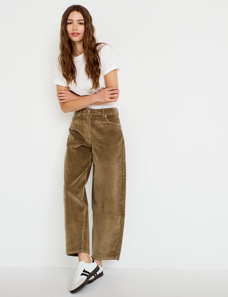 Pantalon barrel en velours vert kaki femme