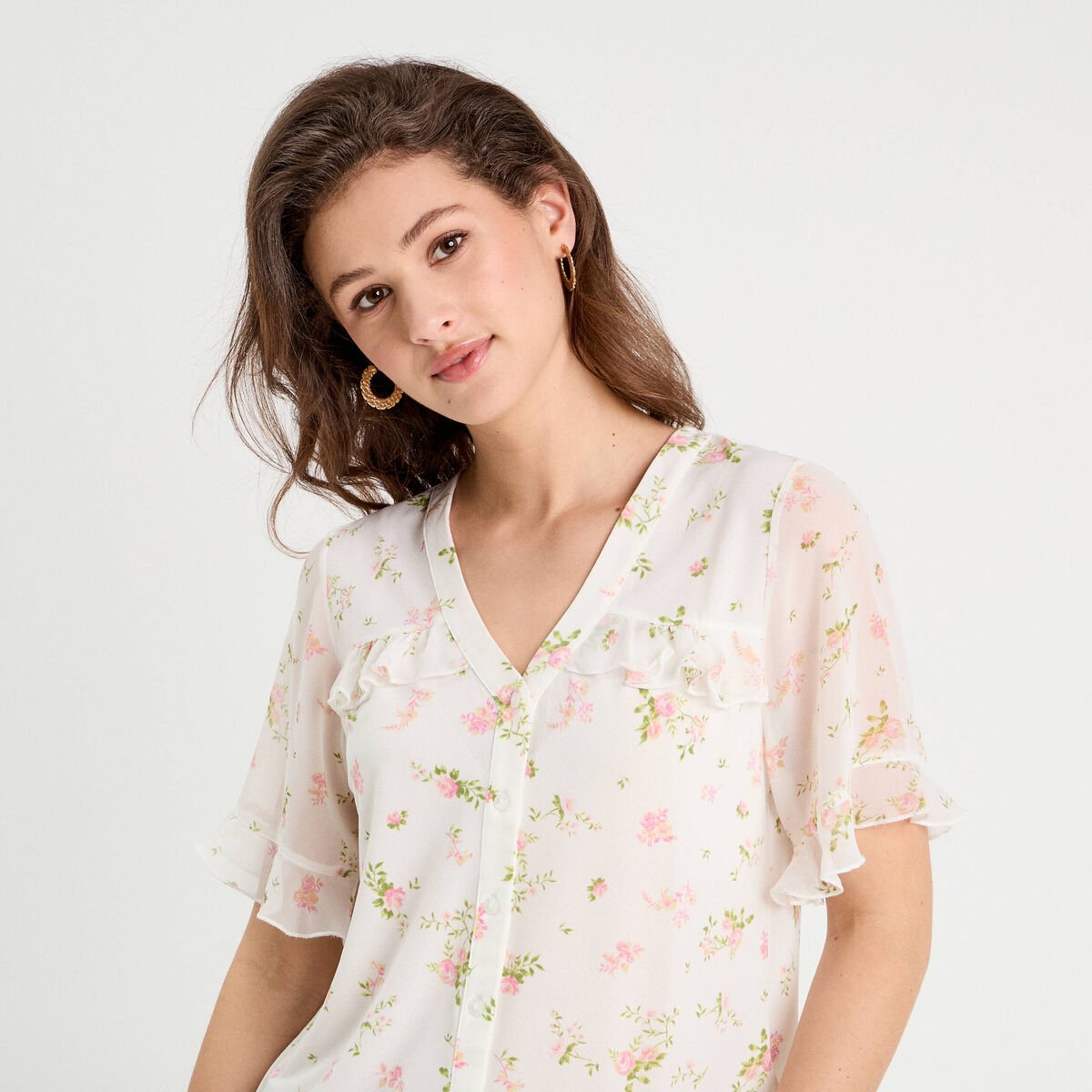 Chemise manches volants rose poudrée femme