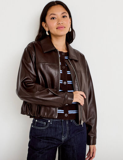 Veste effet boule manches longues marron fonc&eacute; femme
