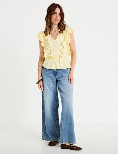 Blouse col rond manches courtes dentelle jaune pastel femme