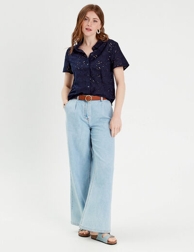 Chemise manches courtes brodée bleu marine femme