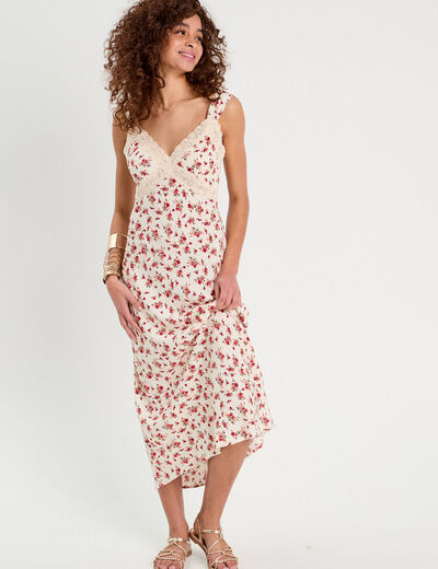 Robe longue évasée dentelle blanc femme
