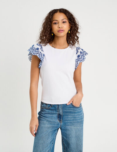 T-shirt manches brodées blanc femme