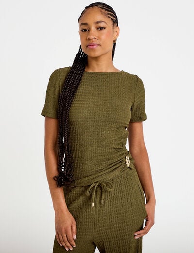 T-shirt col rond manches courtes bijou vert kaki femme