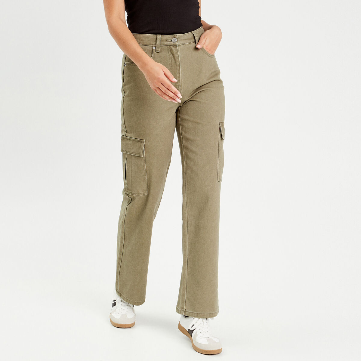 Pantalon large poches cargo vert kaki femme