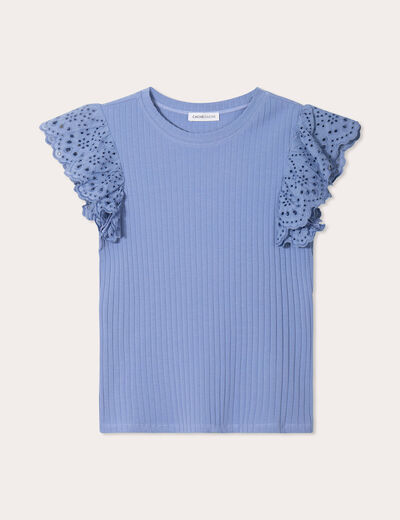 T-shirt manches courtes côtelé bleu gris femme