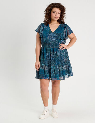 Robe évasée taille smockée bleu foncé femme