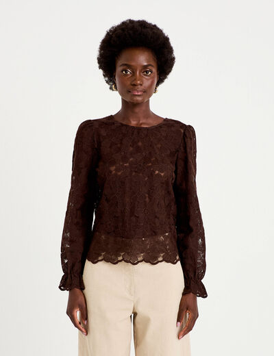 Blouse droite col v en dentelle marron fonc&eacute; femme