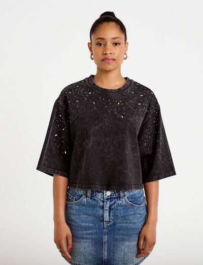 T-shirt oversize court manches longues noir femme
