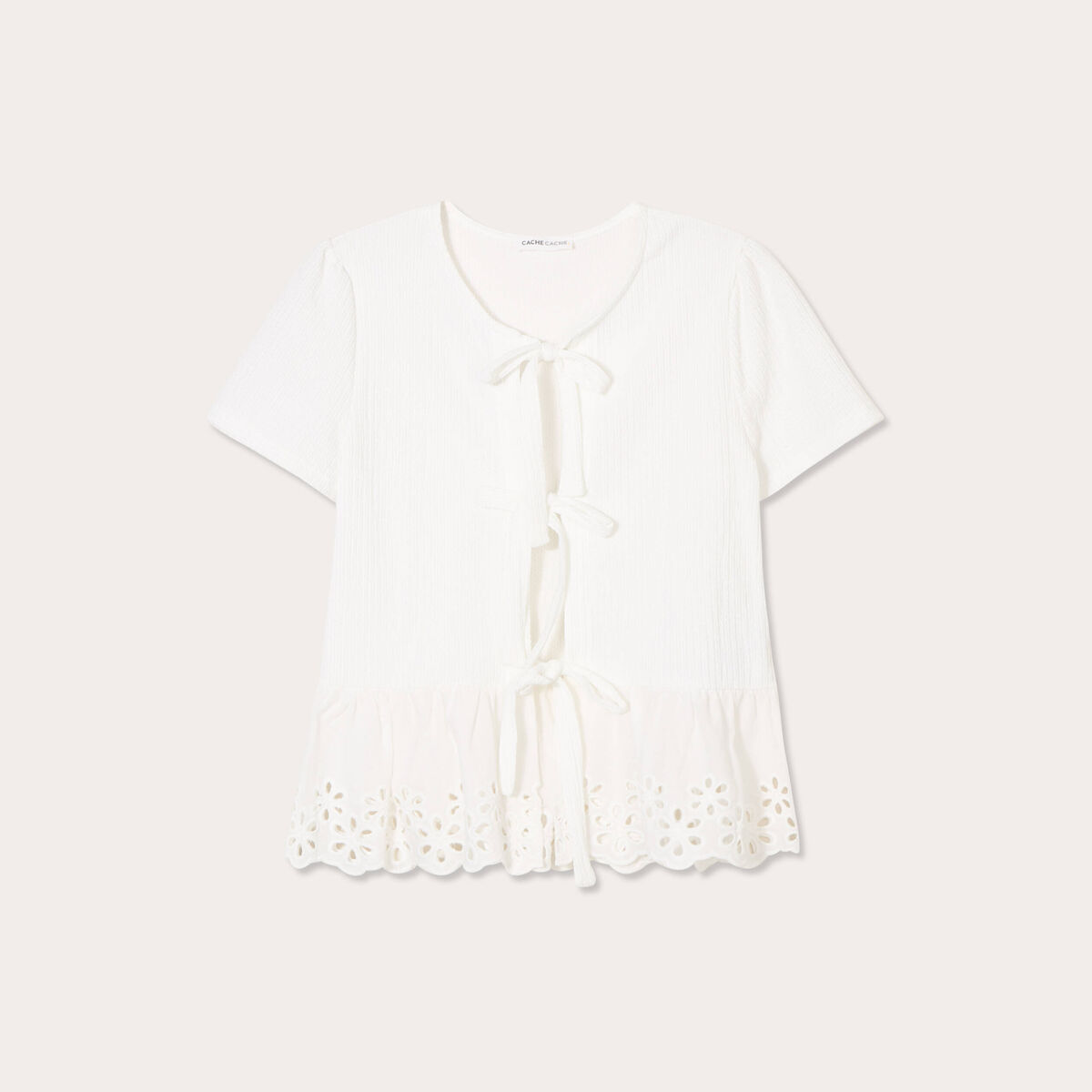 Blouse nouée détails brodés ecru femme