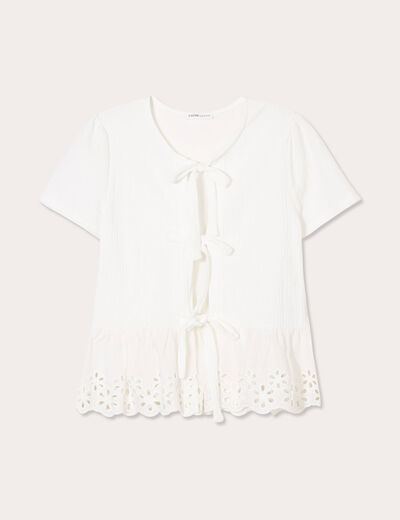 Blouse nouée détails brodés ecru femme