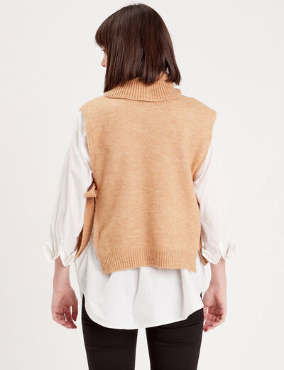 Pull sans manches col roulé beige femme